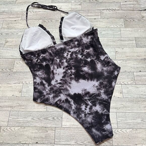 NWOT TIE DYE LACE UP RUFFLE TRIM PLUNGING HALTER PADDED ONE PIECE SWIMSUIT LARGE - Picture 6 of 12